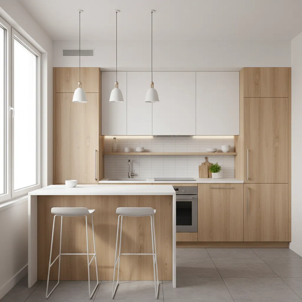 Small apartment kitchen with efficient cabinet layout