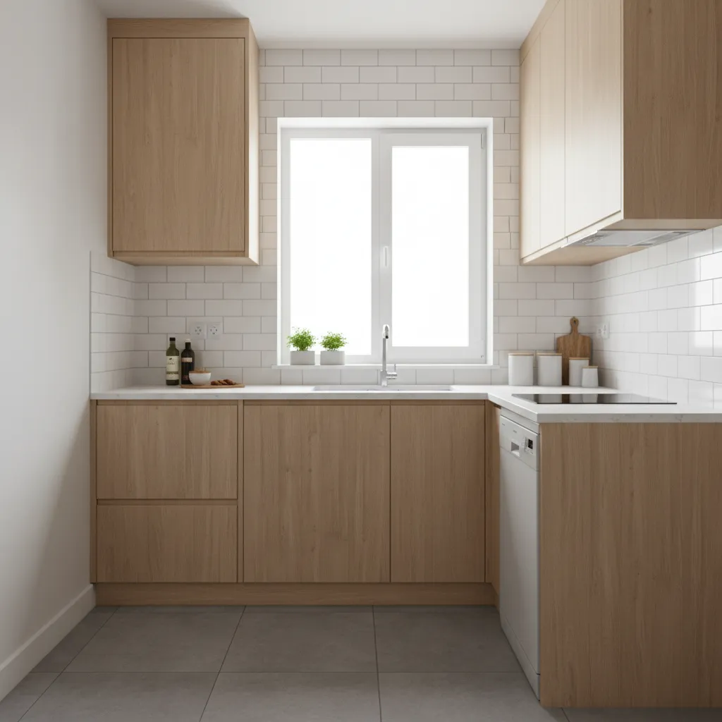 Small kitchen with slightly reduced cabinet spacing for extra storage