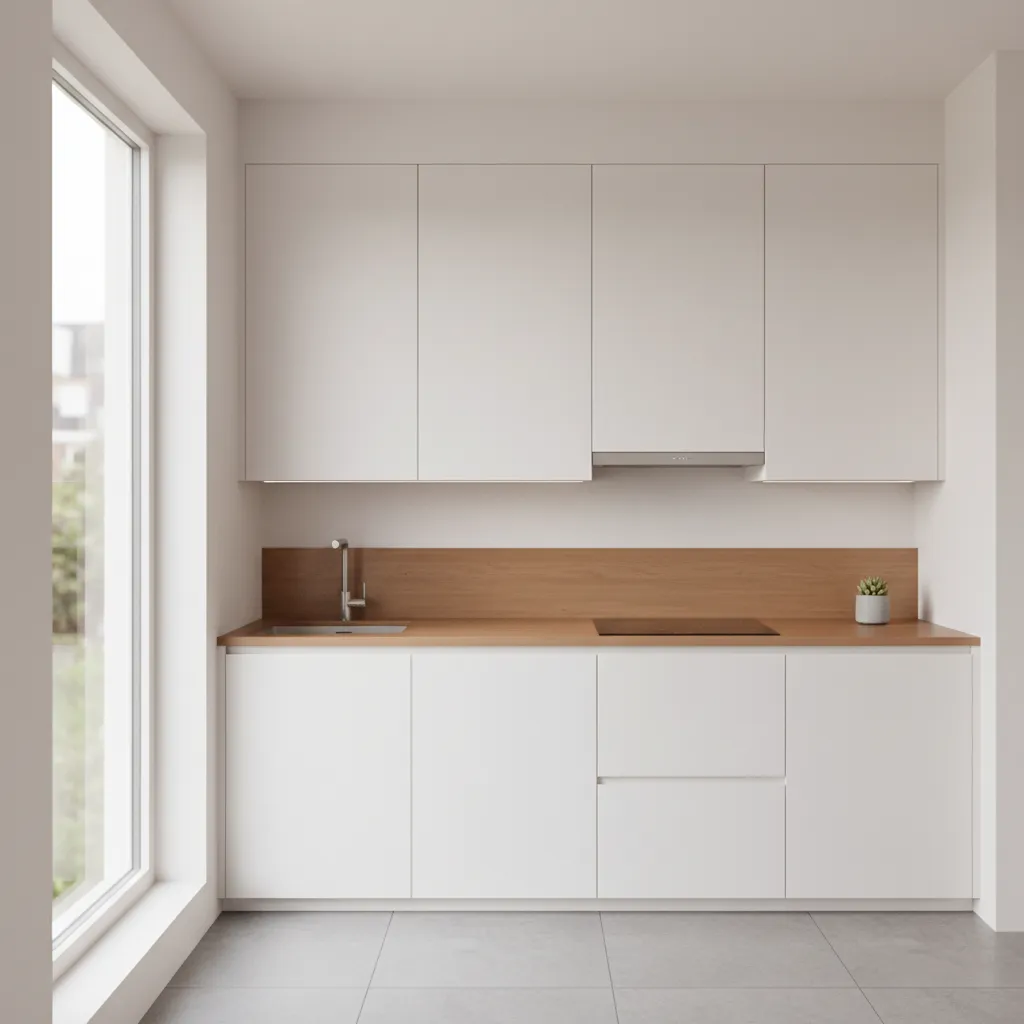 small modern kitchen with compact chimney hood and cooktop