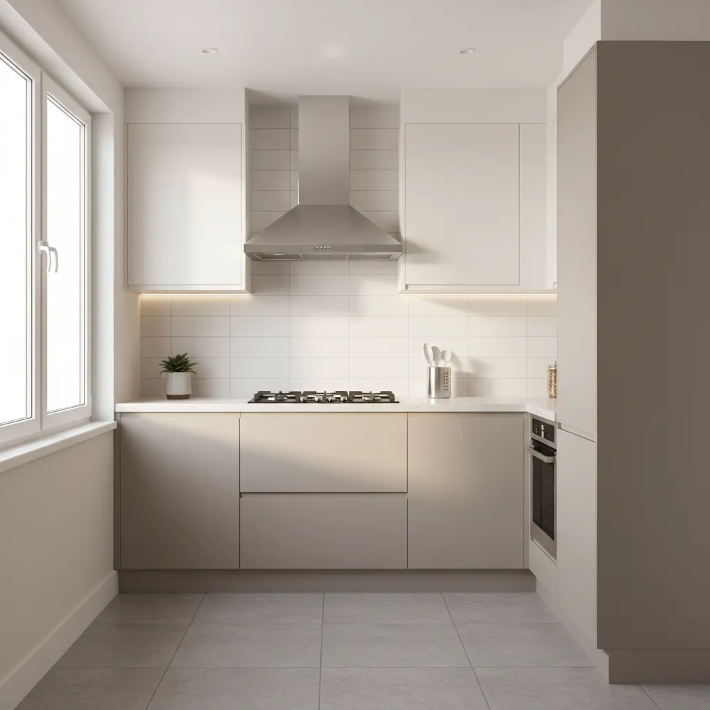 small apartment kitchen with slim chimney above gas stove