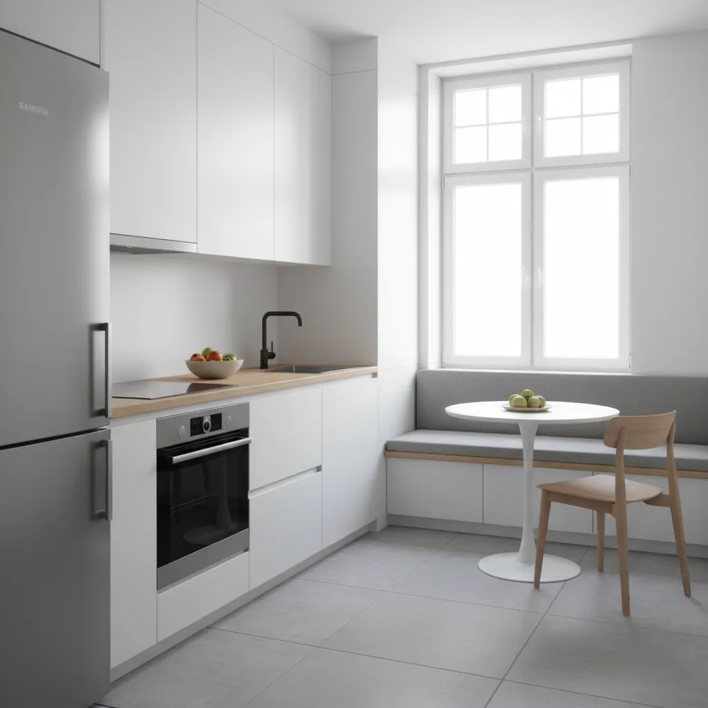 compact apartment kitchen with clean counters and minimal clutter