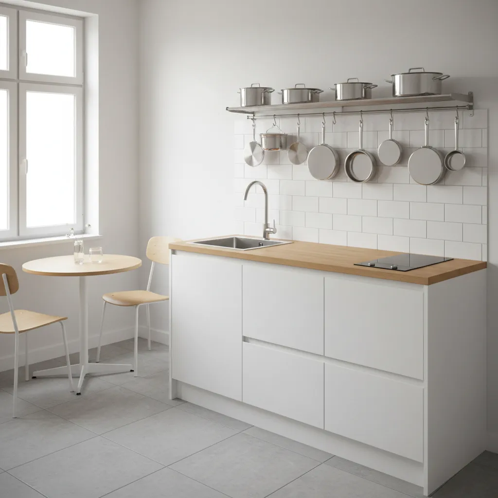 small kitchen with wall mounted rack storing pots and pans