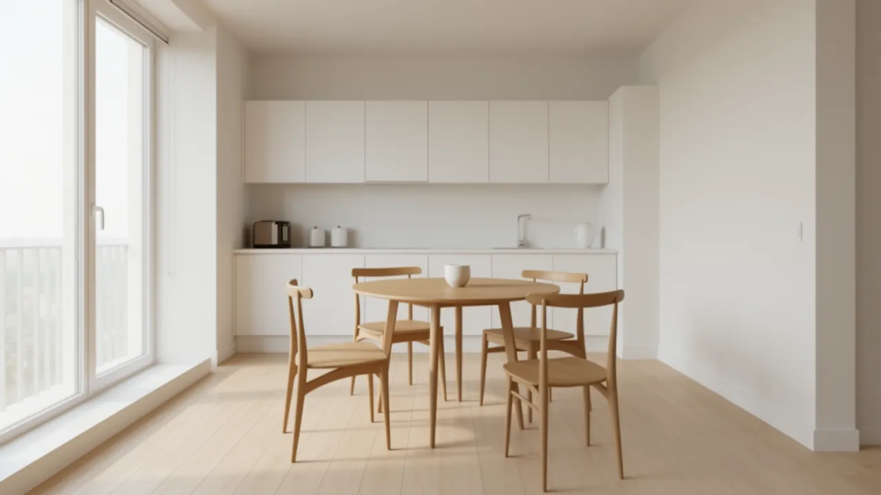 Small kitchen dining area with slim wooden chairs and round table
