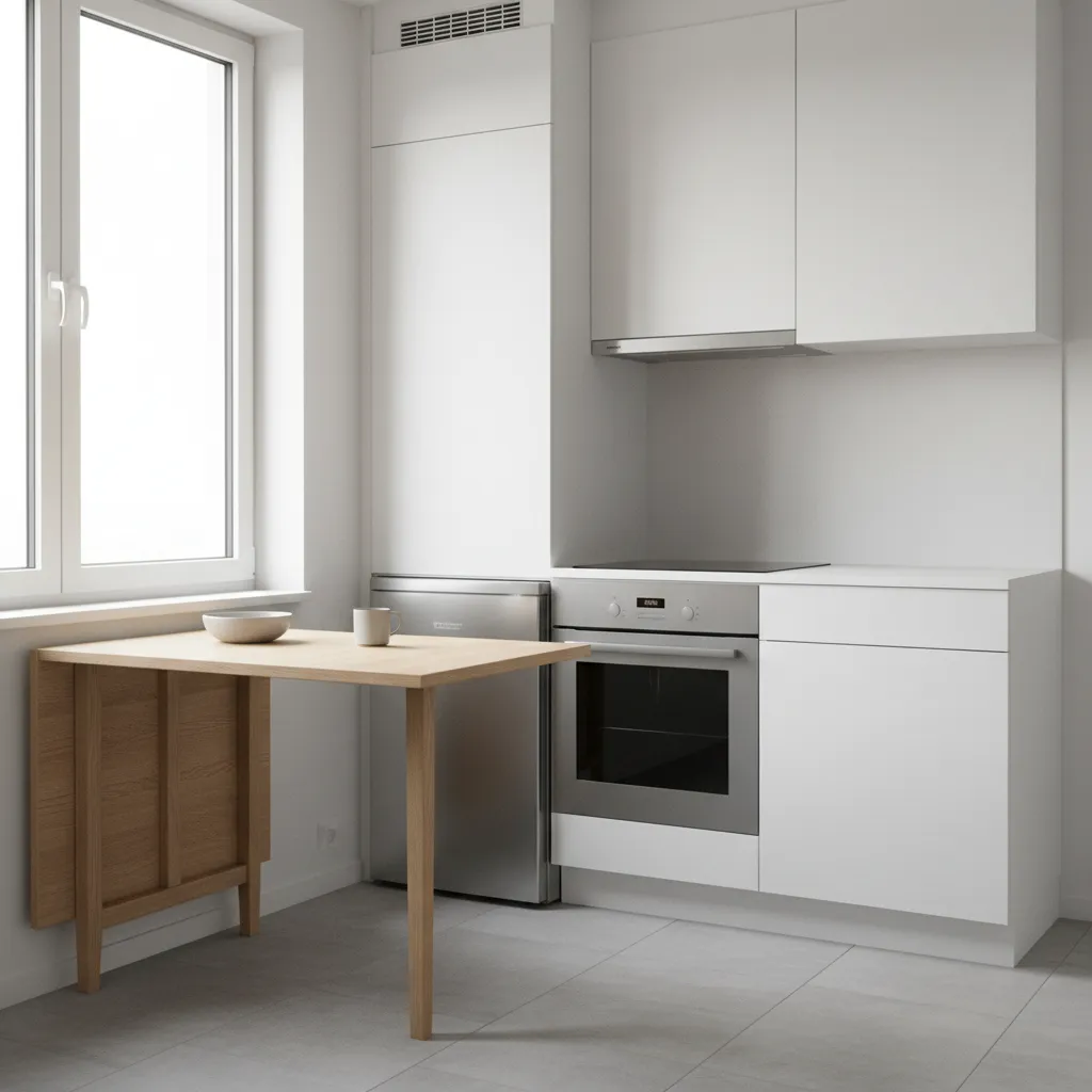 Small apartment kitchen with foldable drop leaf dining table