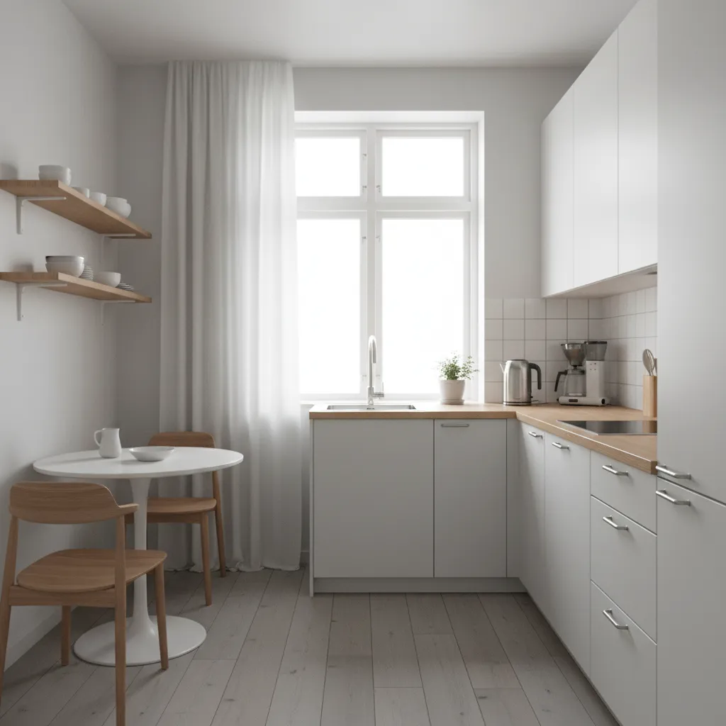 compact kitchen layout with efficient storage and clear countertops