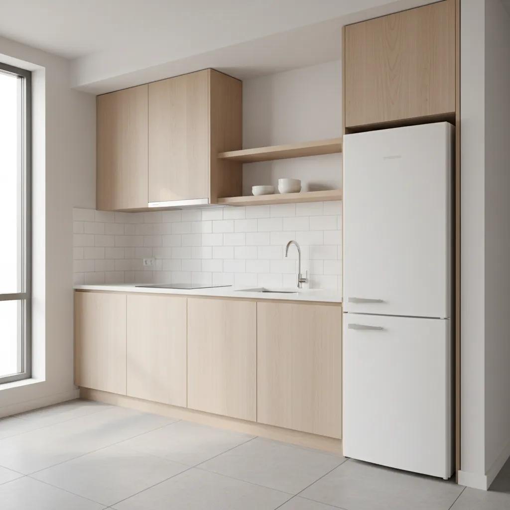 Small apartment kitchen with refrigerator placed at the end of cabinet row