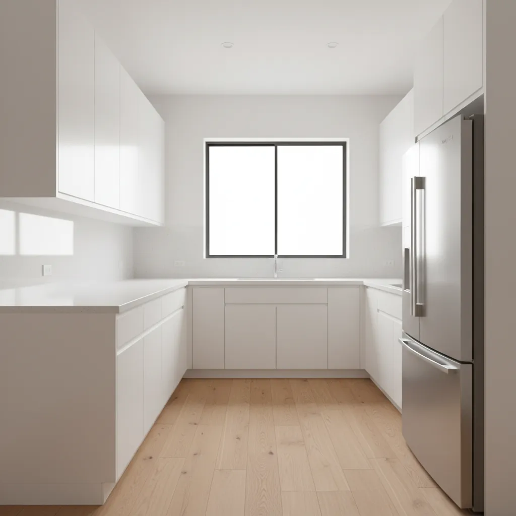 small kitchen with refrigerator placed at end of cabinet run