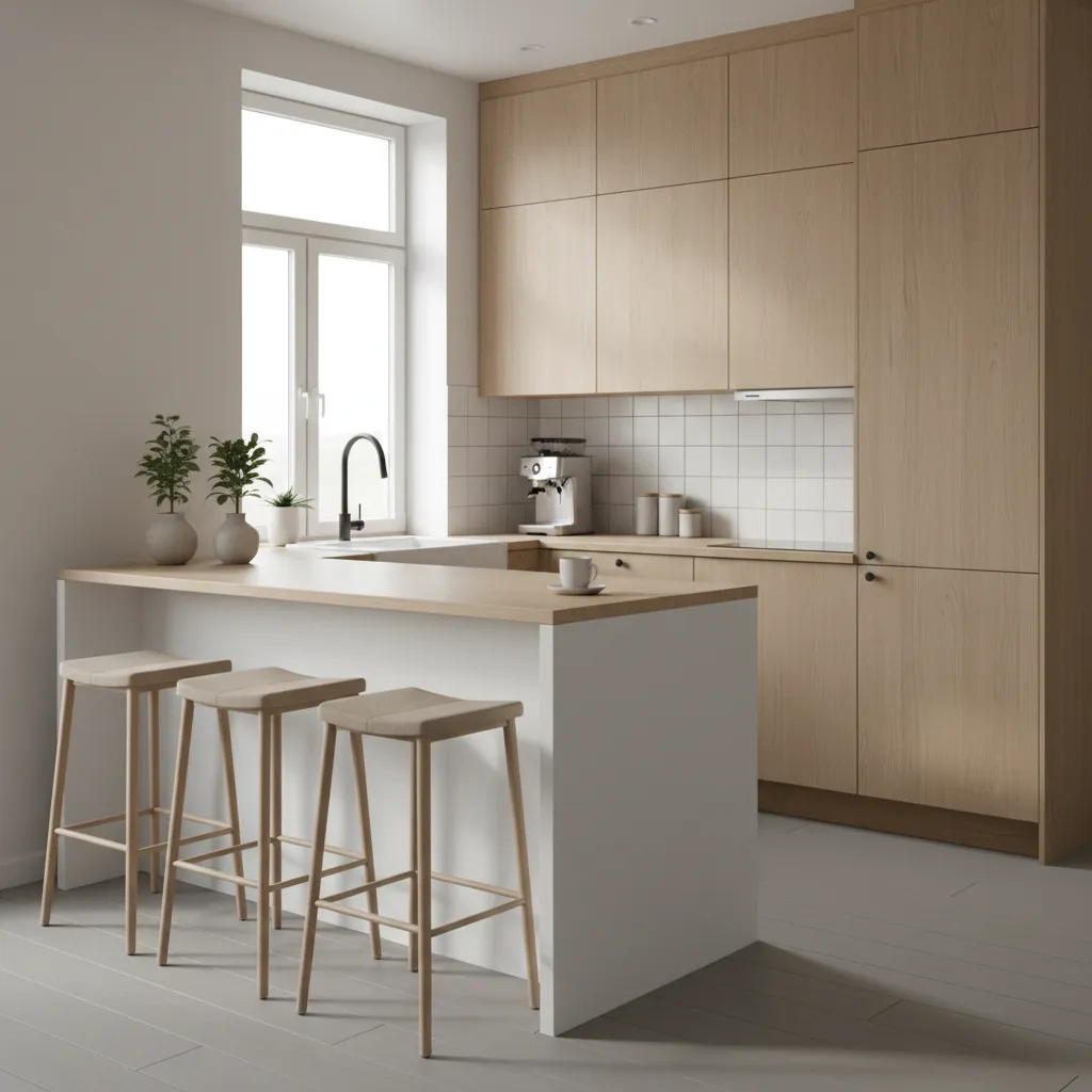 compact kitchen island with slim stools improving walkway clearance