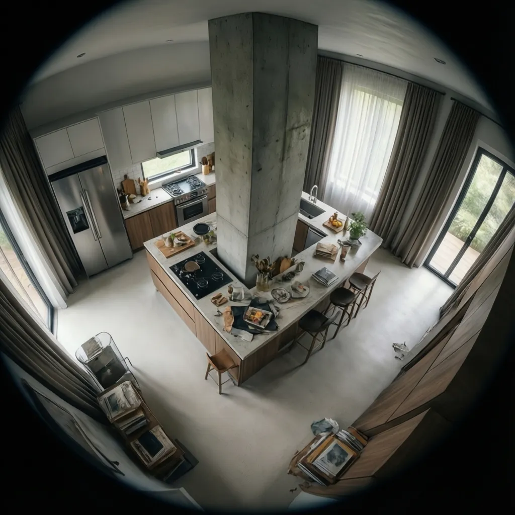 Small kitchen island with clear walking space around structural column