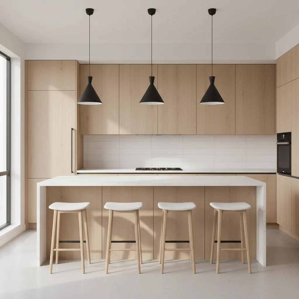 small modern kitchen island with four stools and seating overhang