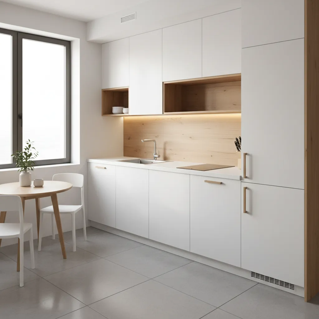 Compact apartment kitchen layout with efficient workspace triangle