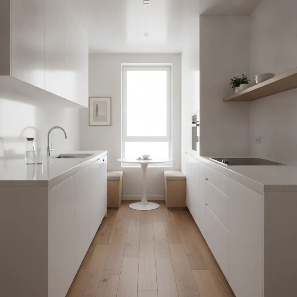 Compact apartment kitchen with efficient layout and open walkway