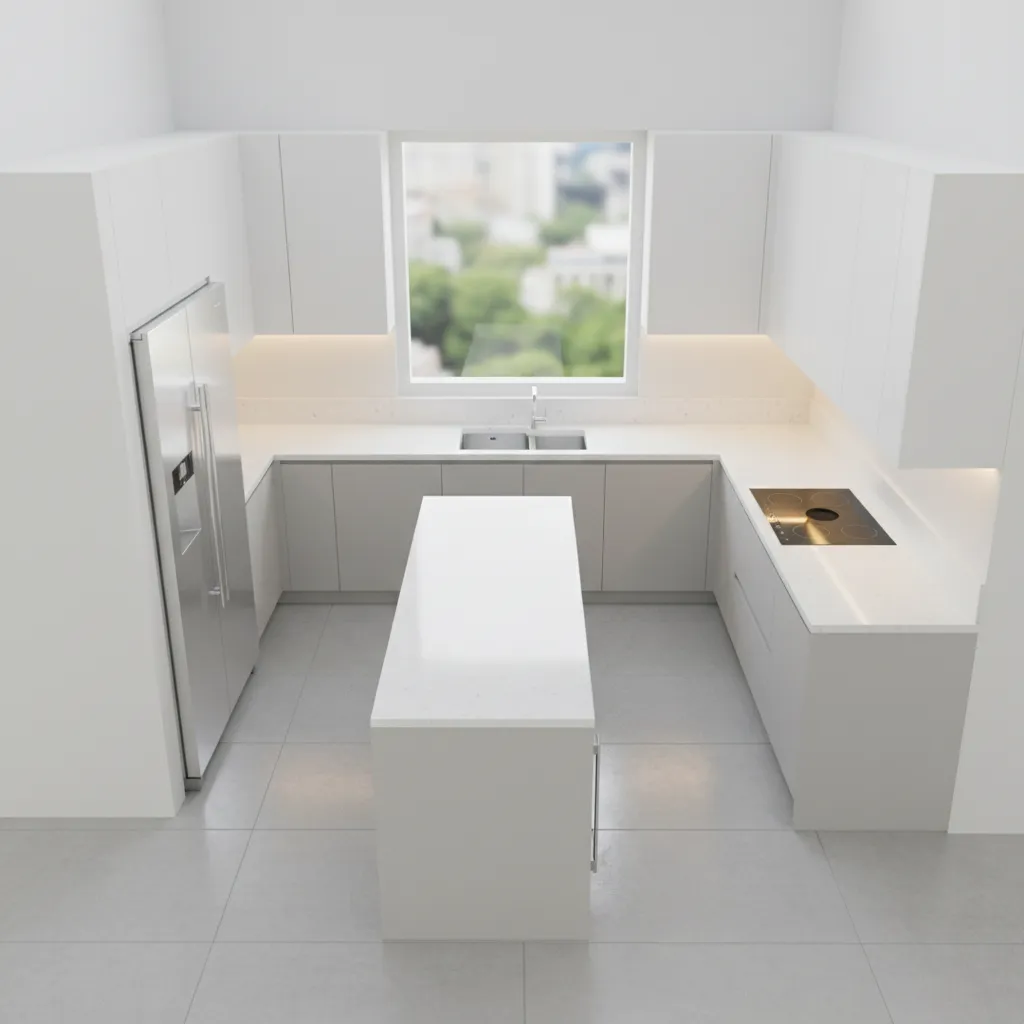 efficient small kitchen layout showing sink stove refrigerator workflow