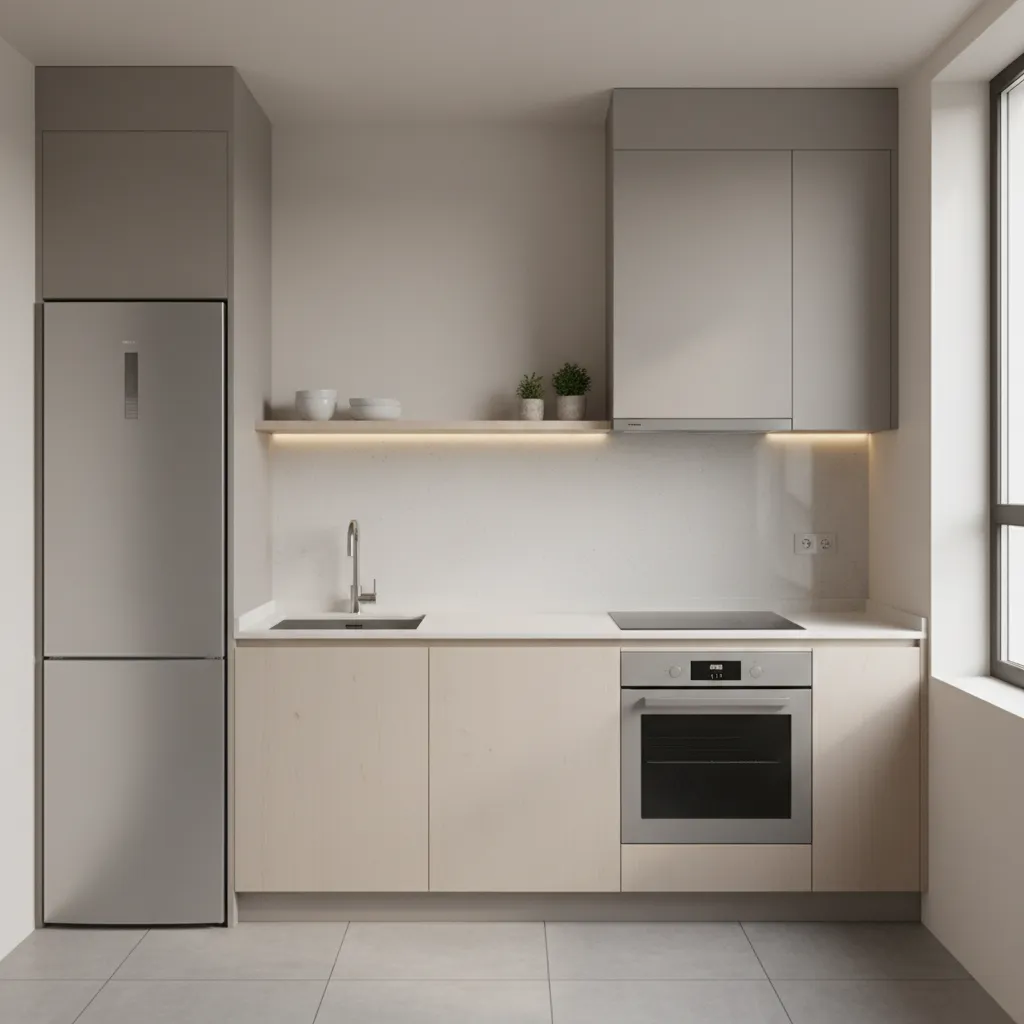 Example of efficient compact kitchen layout with sink stove and fridge arranged closely