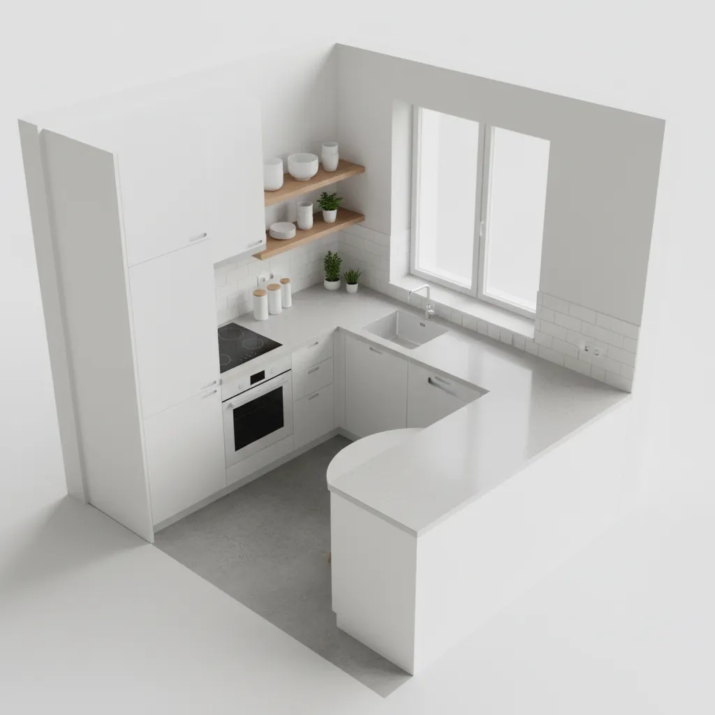 3d rendering of optimized small kitchen layout with compact appliances
