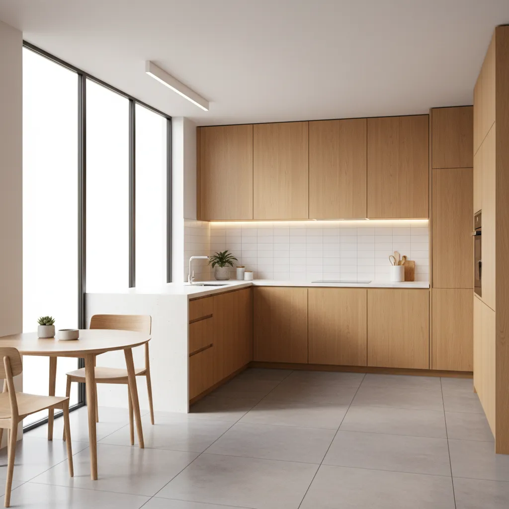 Modern kitchen with light wood cabinets white countertops small dining table and chairs near windows