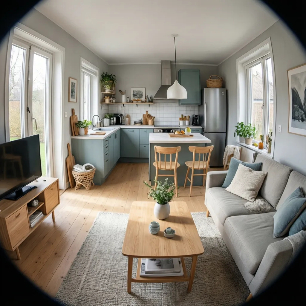 Open kitchen and living room layout designed for a small house