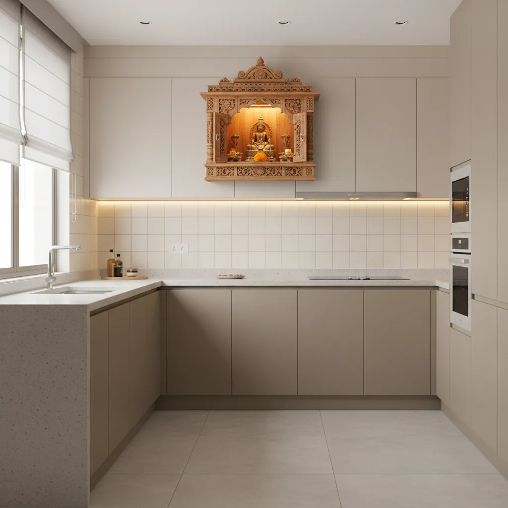 compact wooden mandir cabinet mounted above kitchen counter