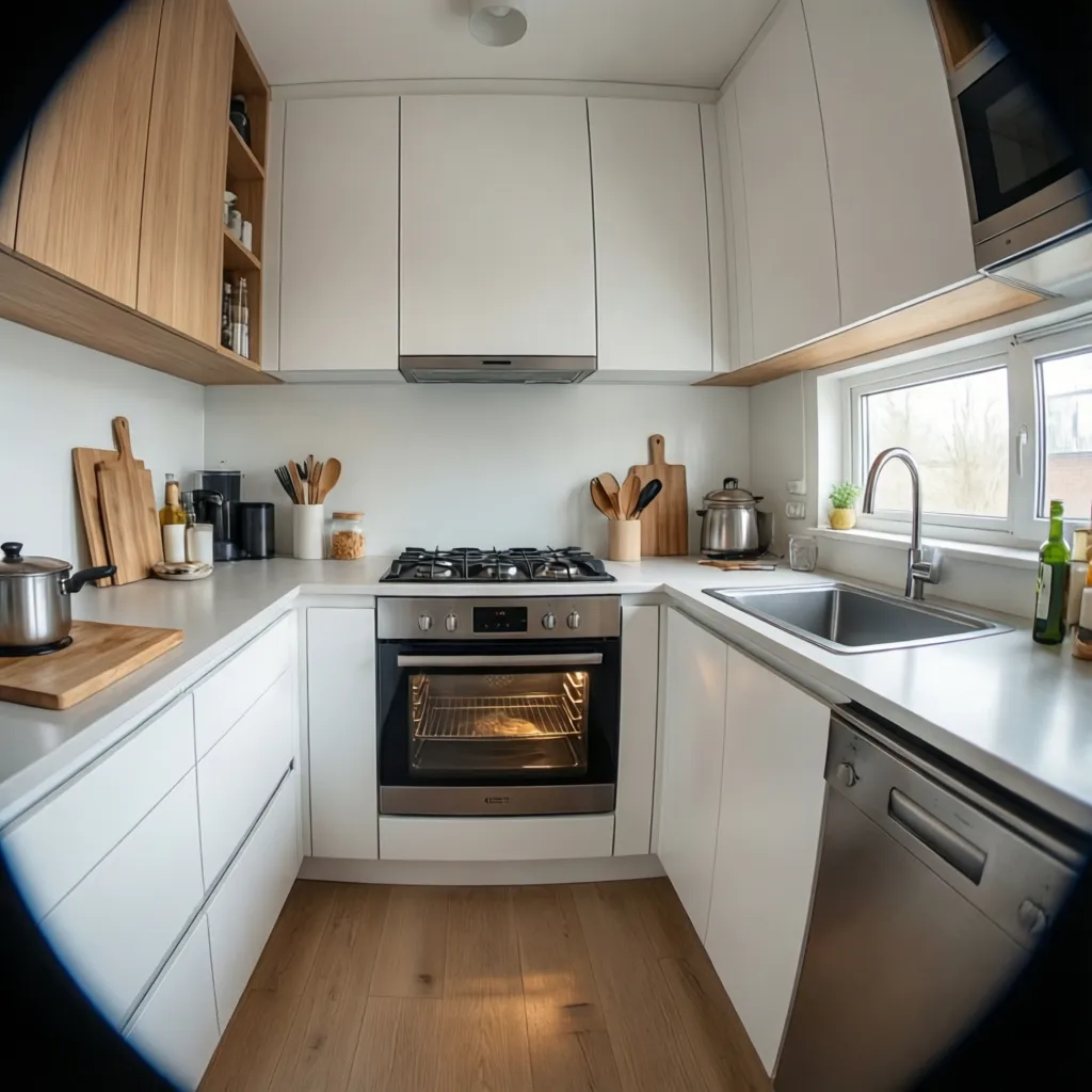 small apartment kitchen with oven installed under the countertop