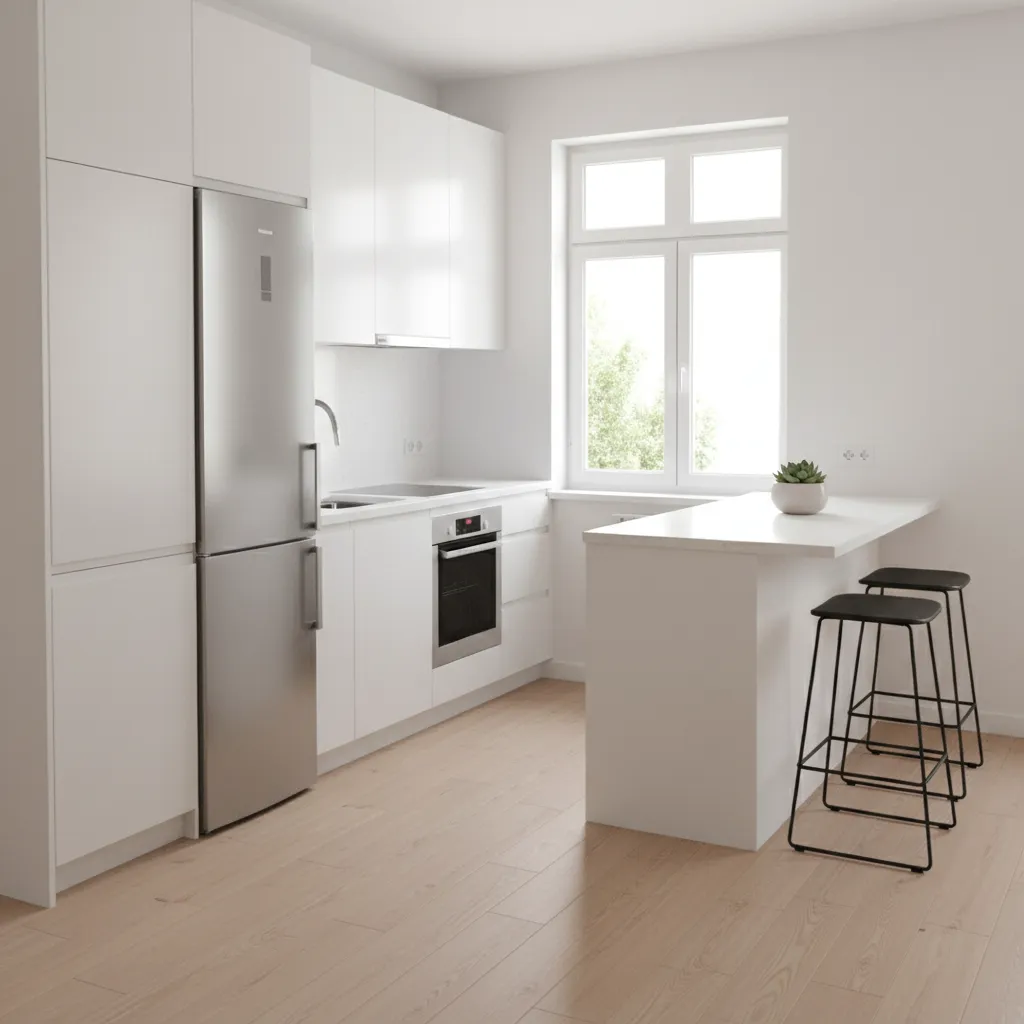 Small apartment kitchen layout with efficient cabinets and bright lighting