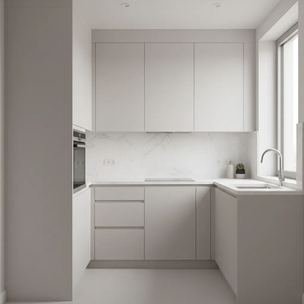 Small apartment kitchen with efficient layout and light cabinets