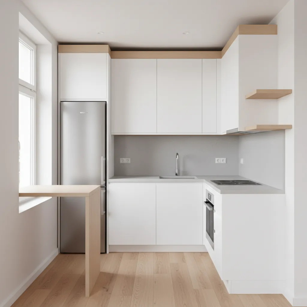 small apartment kitchen with efficient cabinet layout and compact appliances