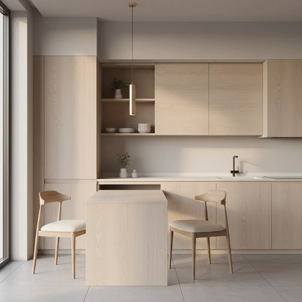 Small apartment kitchen using pull out table as dining surface