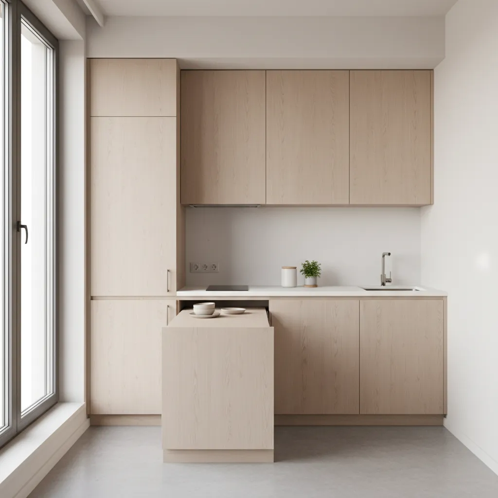 Small kitchen with pull out table extended from cabinet
