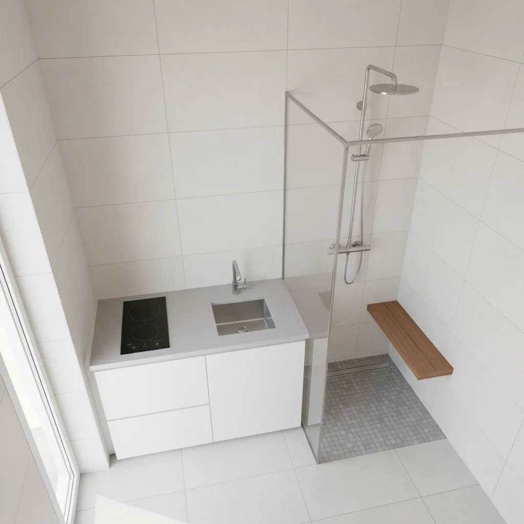 Small apartment kitchen shower combo layout with tile walls and compact fixtures