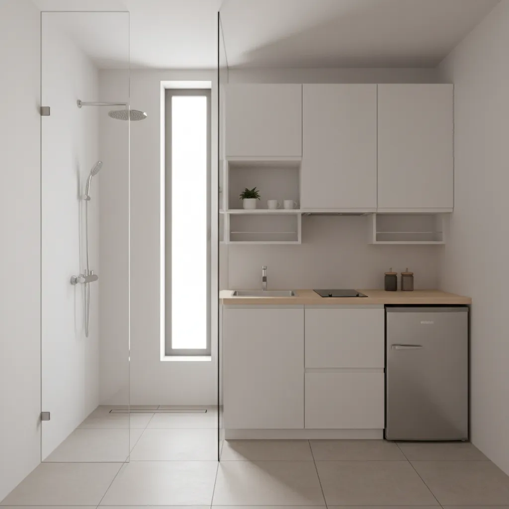 White kitchen cabinet with wooden countertop next to glass shower area in a small studio apartment