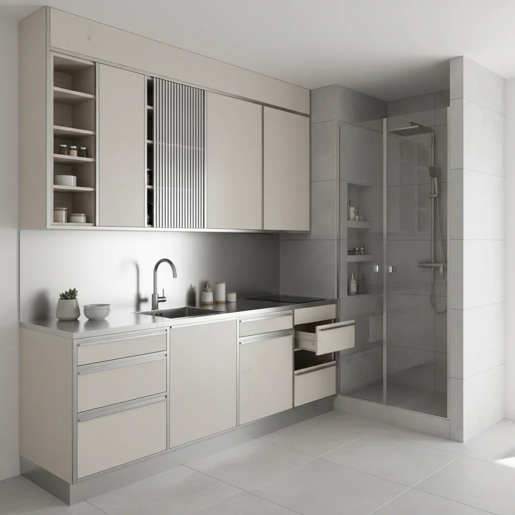 Modern kitchenette with light wood cabinets and metal countertop placed next to a glass shower
