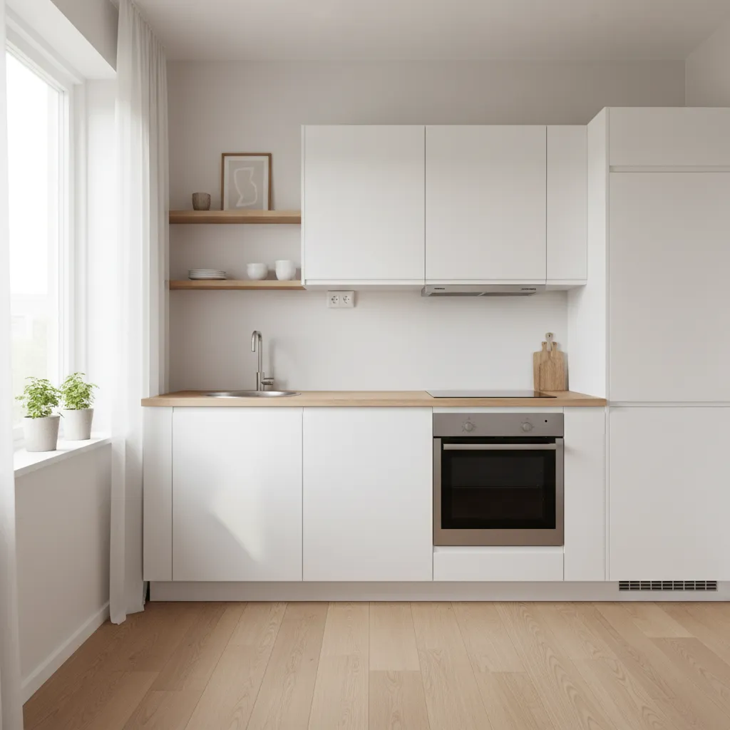 Cocina compacta bien organizada en apartamento pequeño