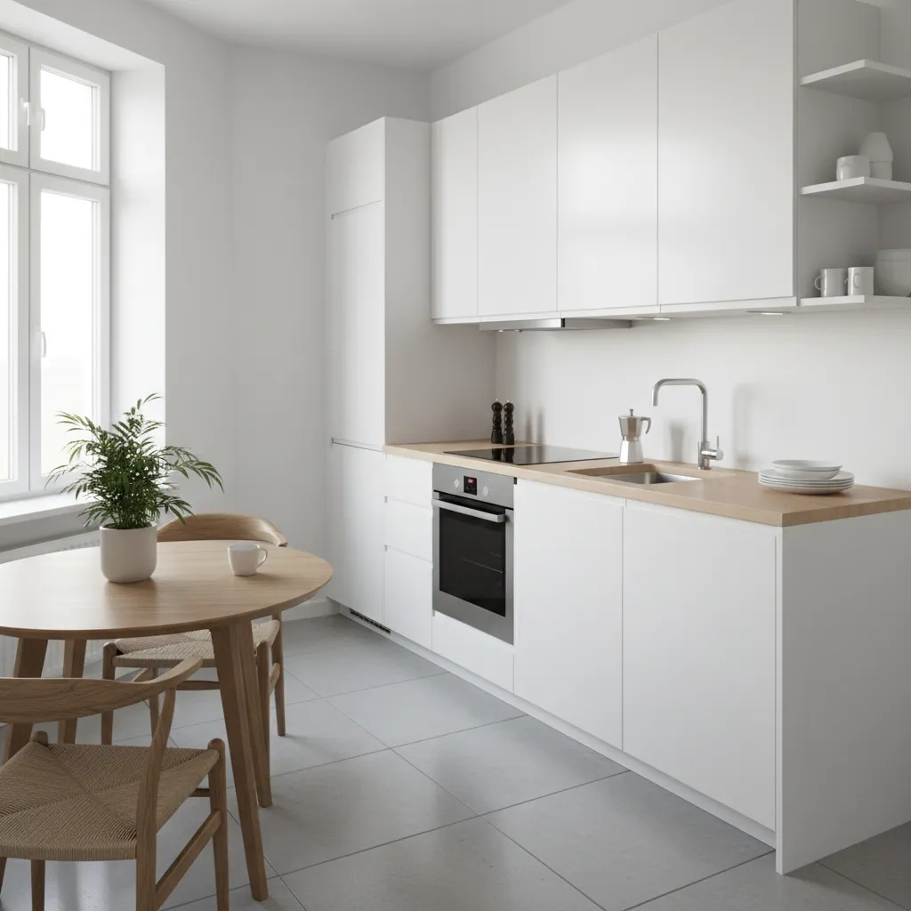 well organized small apartment kitchen with bright cabinets and efficient layout