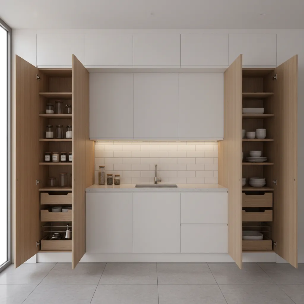 well organized 11x11 kitchen storage with tall cabinets and pantry