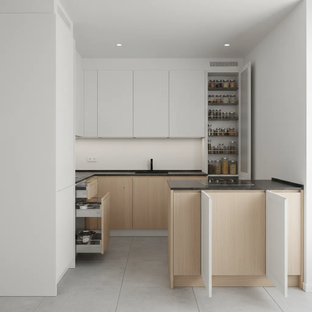 Small kitchen storage ideas with vertical cabinets and pull-out drawers