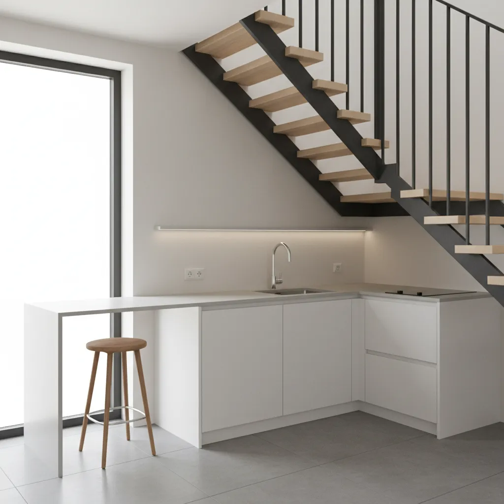 Small modern kitchenette fitted under staircase with cabinets and sink