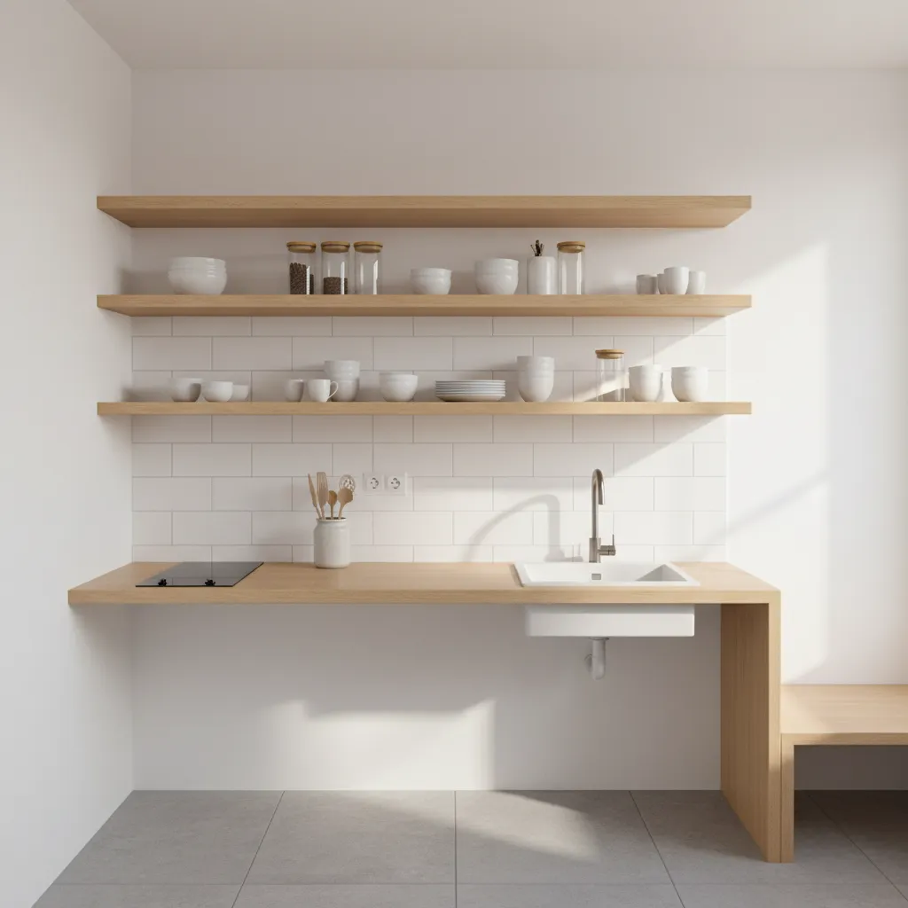 Small apartment kitchen with vertical wall shelves and organized cooking tools