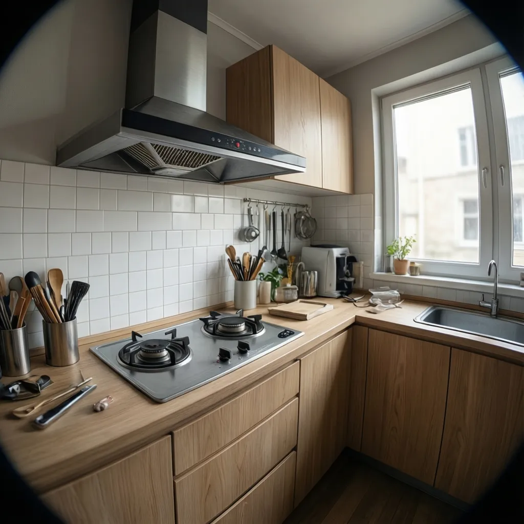 small apartment kitchen with compact wall mounted chimney above stove