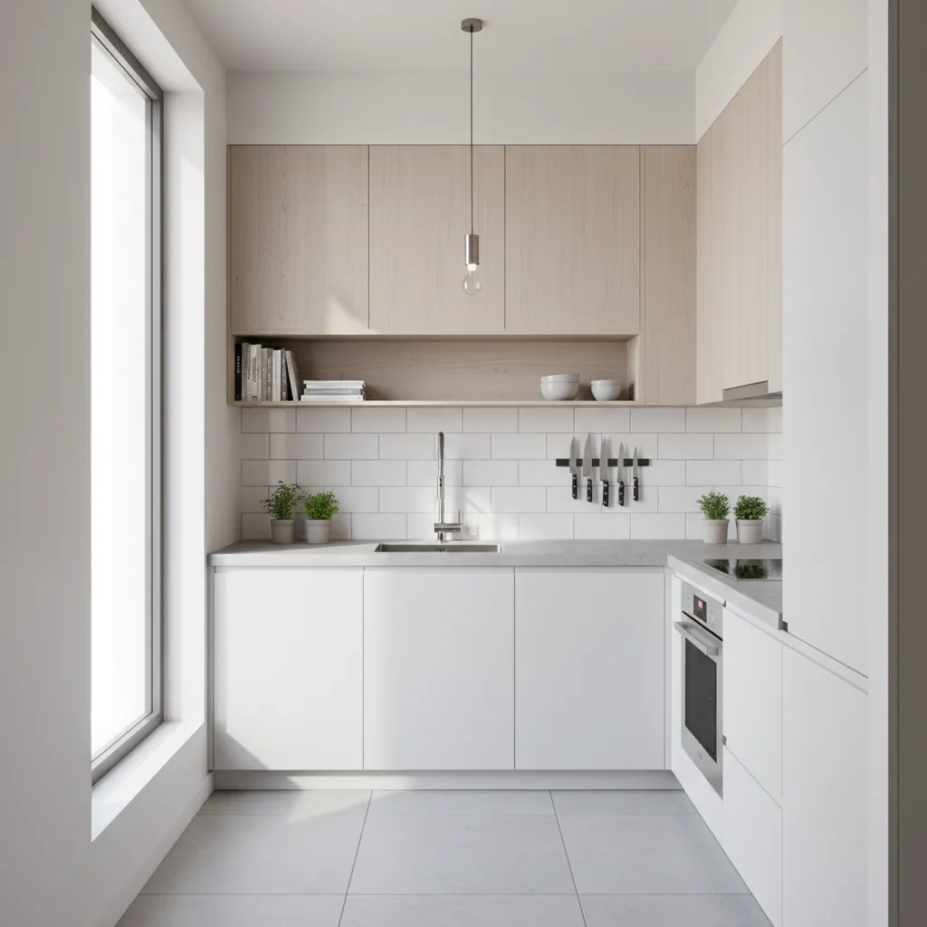 Compact kitchen layout with wall mounted faucet improving counter space