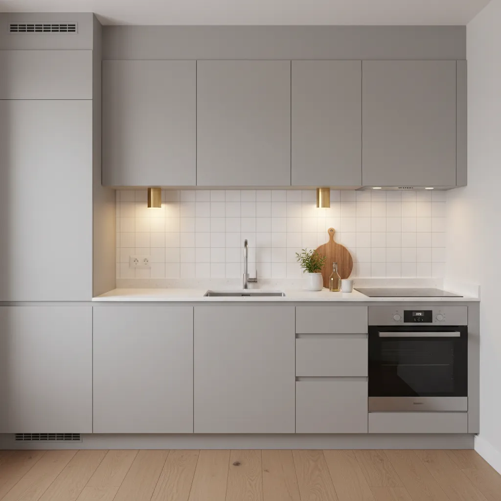 Small apartment kitchen with elegant wall sconces illuminating backsplash