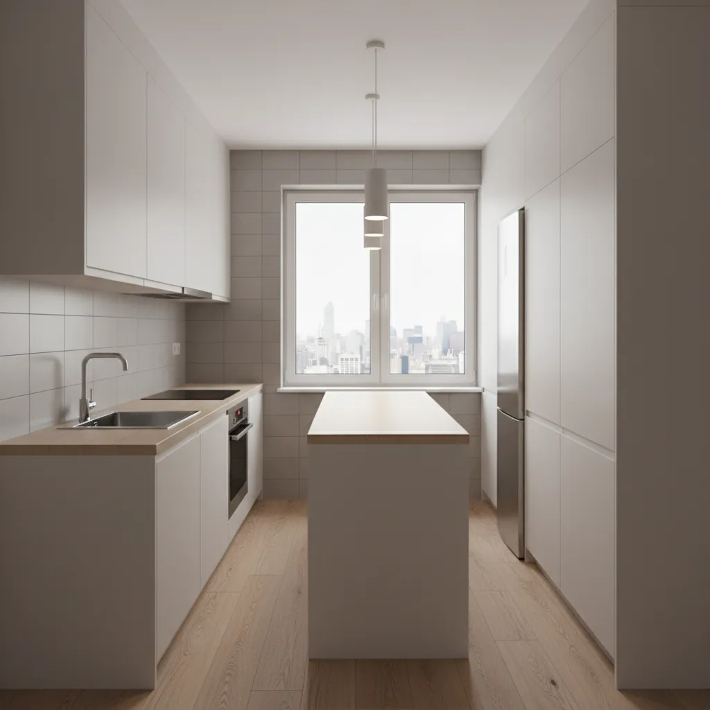 Small kitchen work triangle with sink stove and fridge in compact layout