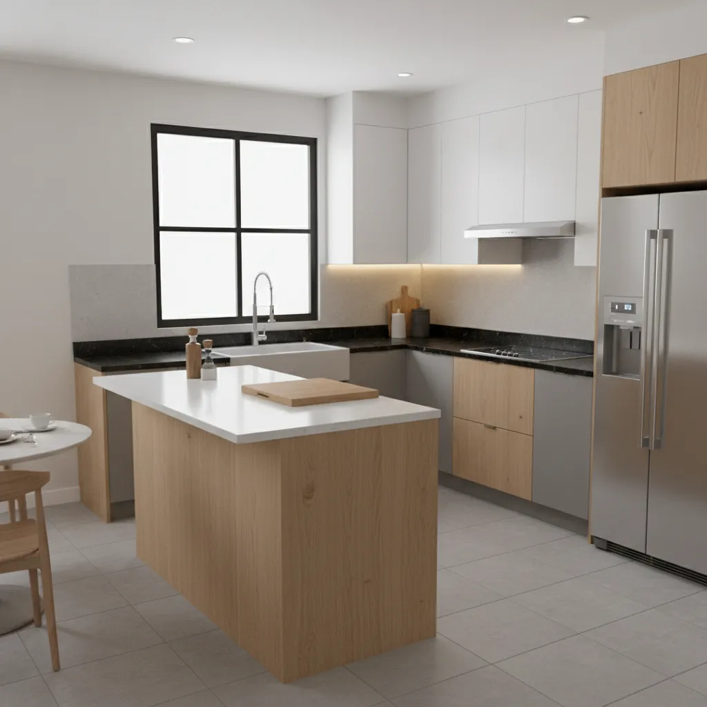 compact kitchen work triangle layout with island prep space