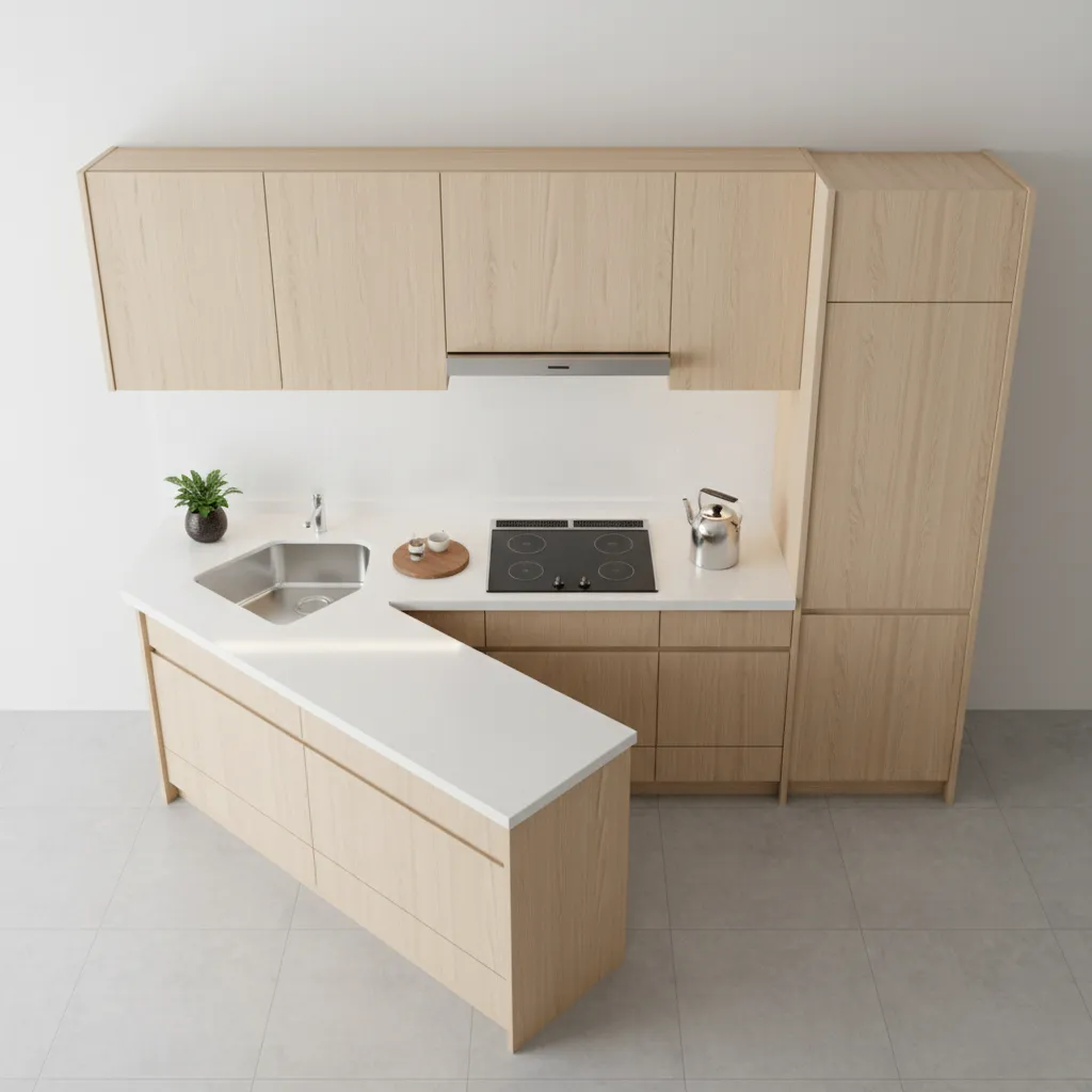 Compact kitchen workflow layout showing sink stove refrigerator triangle