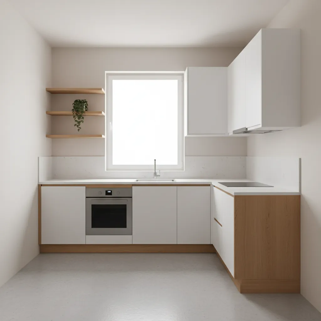 compact apartment kitchen with L shaped layout and open floor space