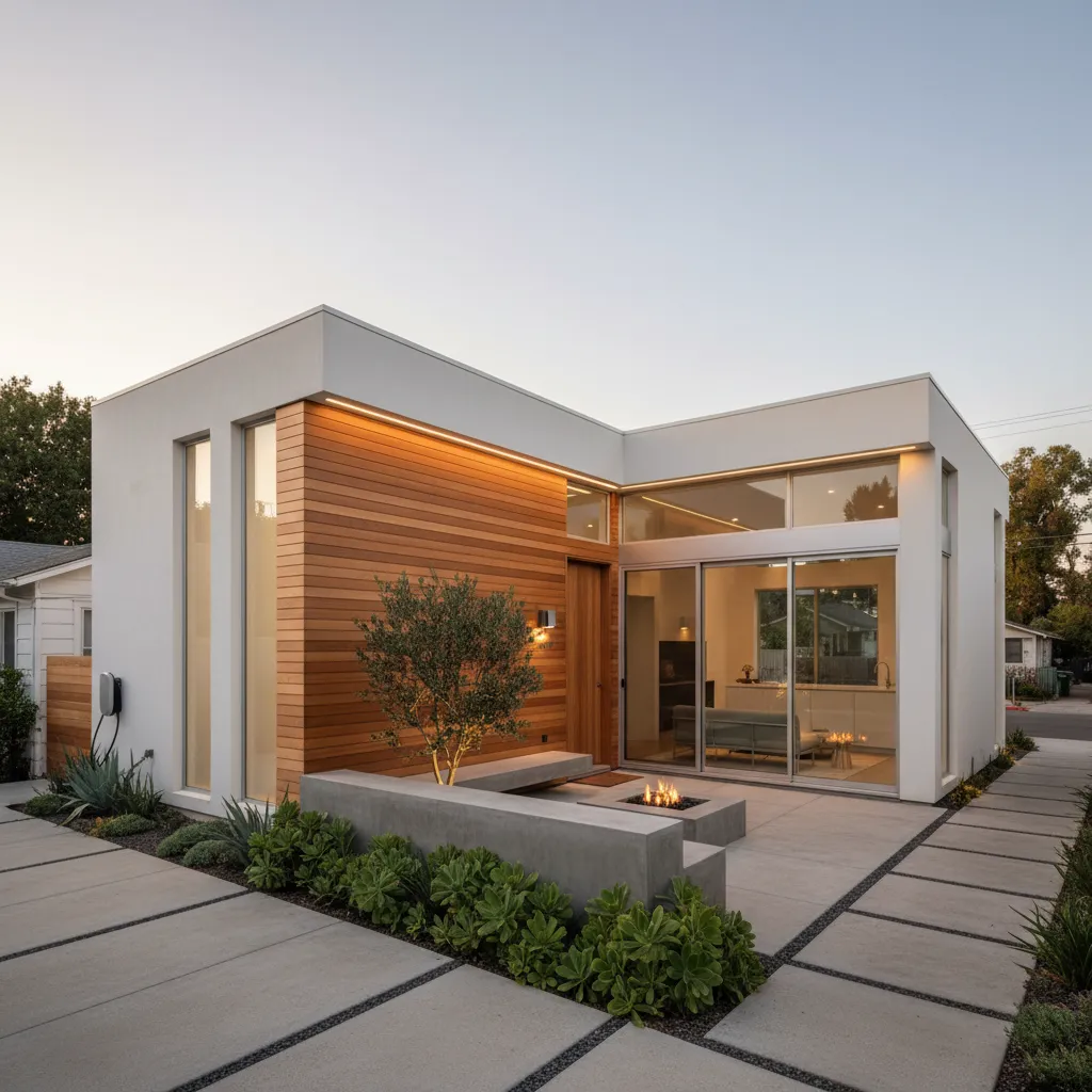 Vista exterior de una casa compacta con arquitectura en forma de L