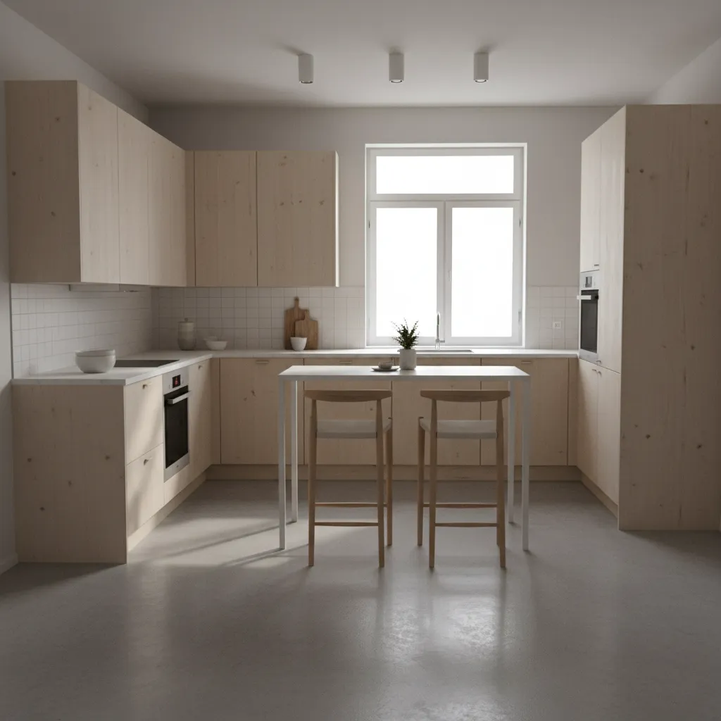 small L shaped kitchen layout with compact island in modern apartment
