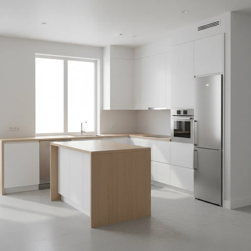 Compact L shaped kitchen layout in a small apartment with open center space