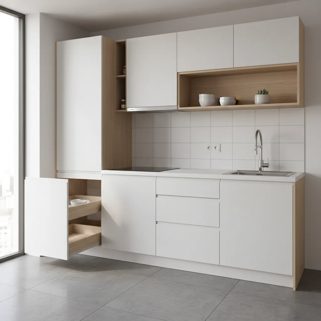 small apartment L shaped modular kitchen layout with corner cabinets