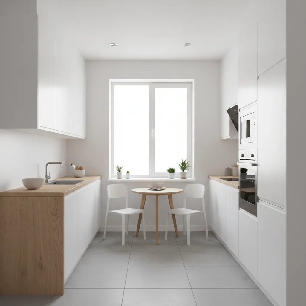 Compact L-shaped modular kitchen layout in small apartment