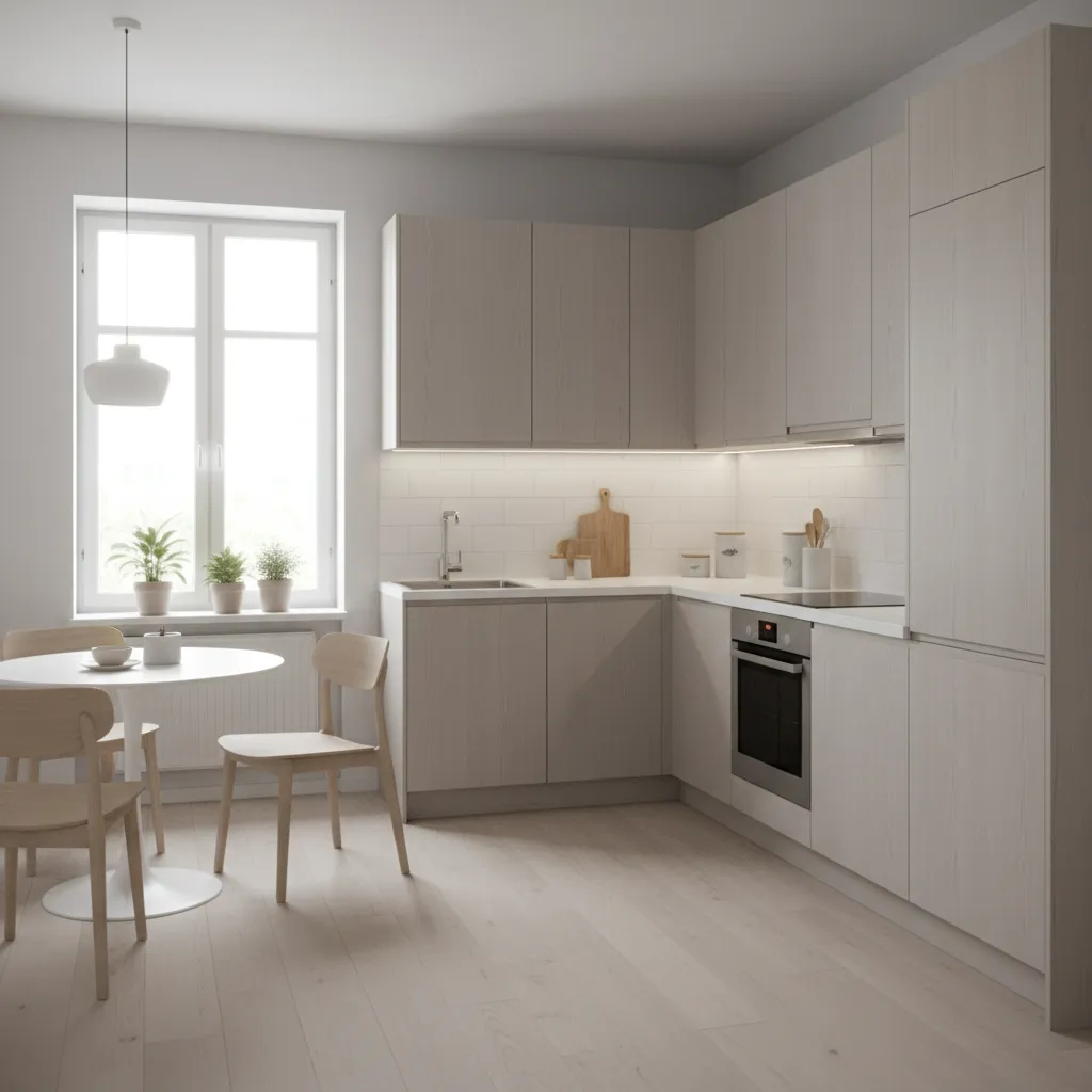 Compact L shaped kitchen layout in a small apartment